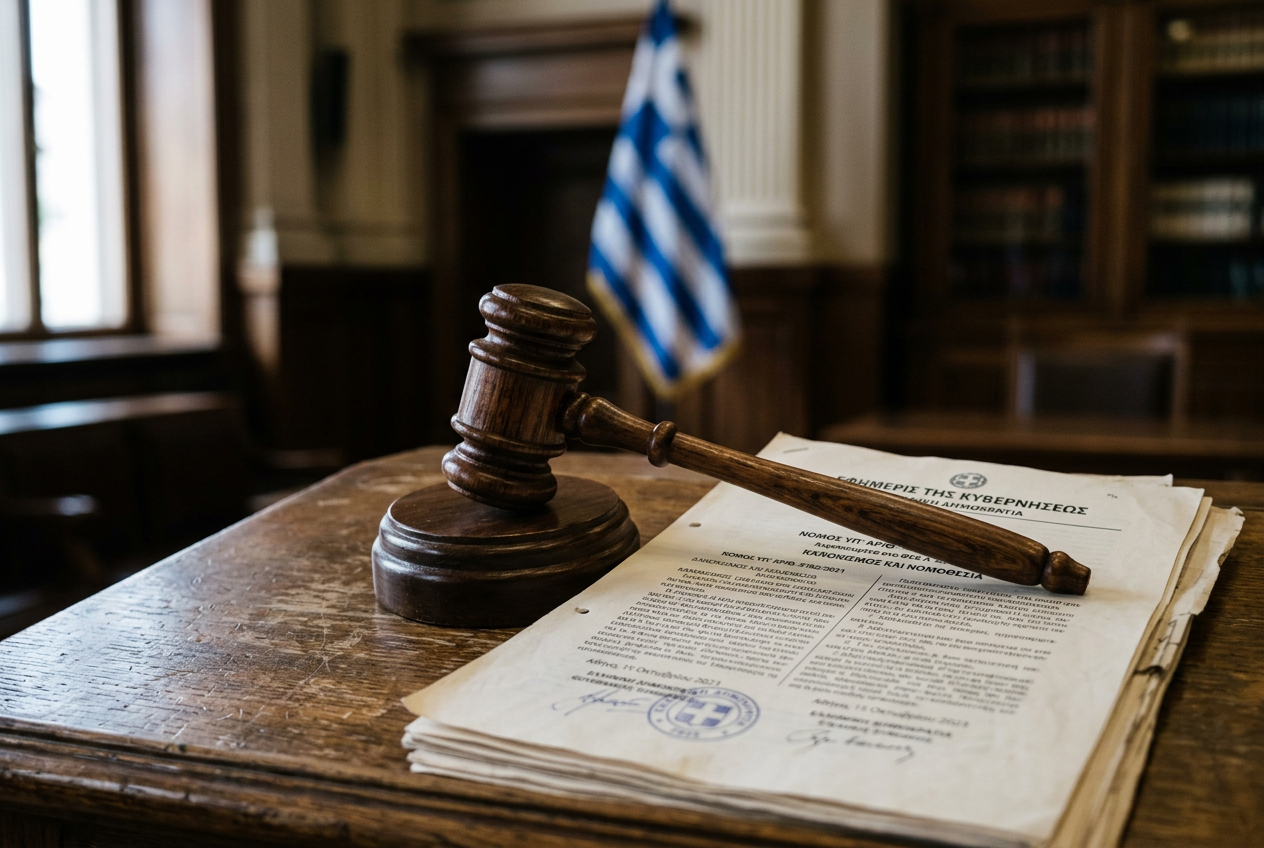 Legal documents and a gavel representing Greek gambling laws.