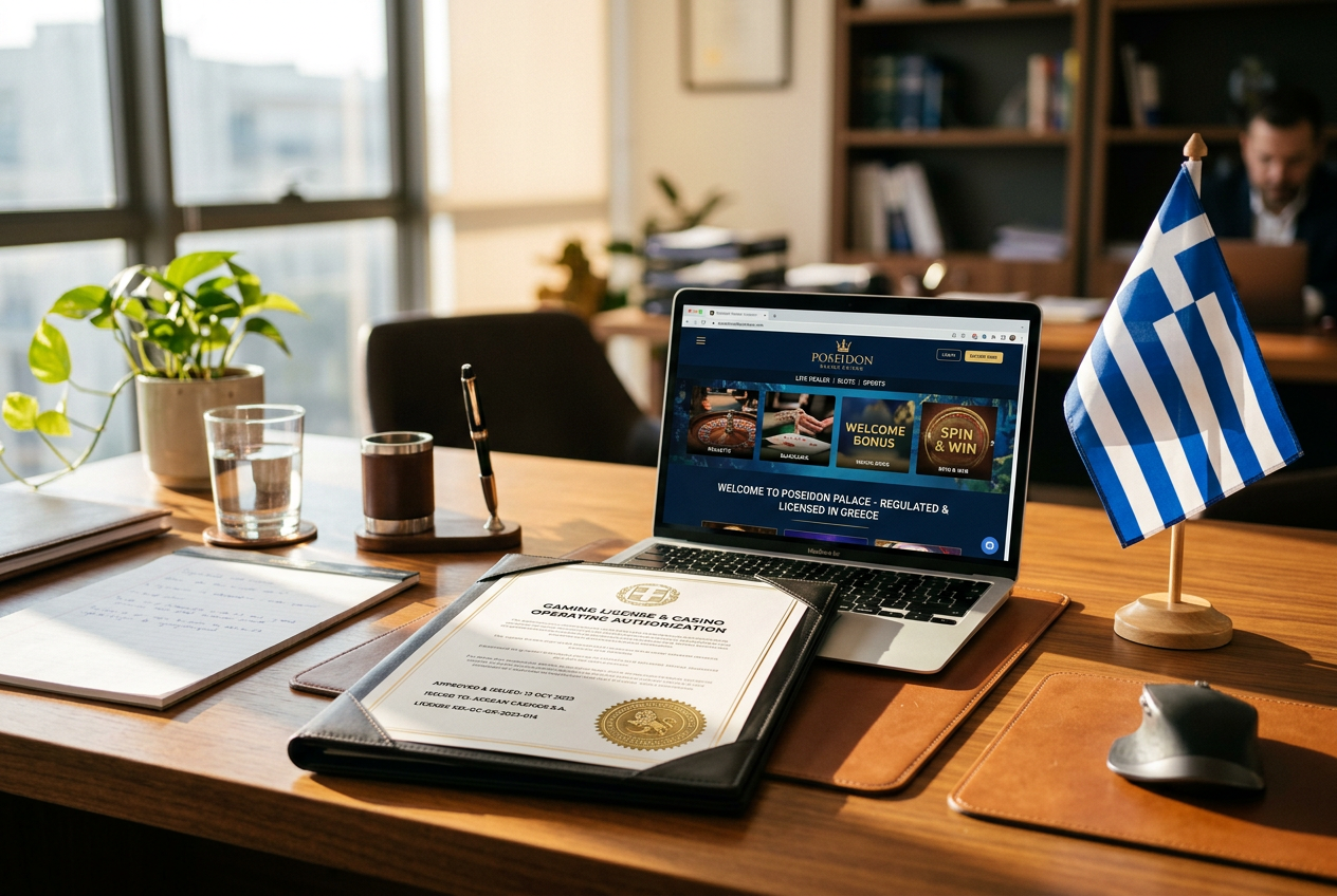 Official gambling license documentation and Greek flag