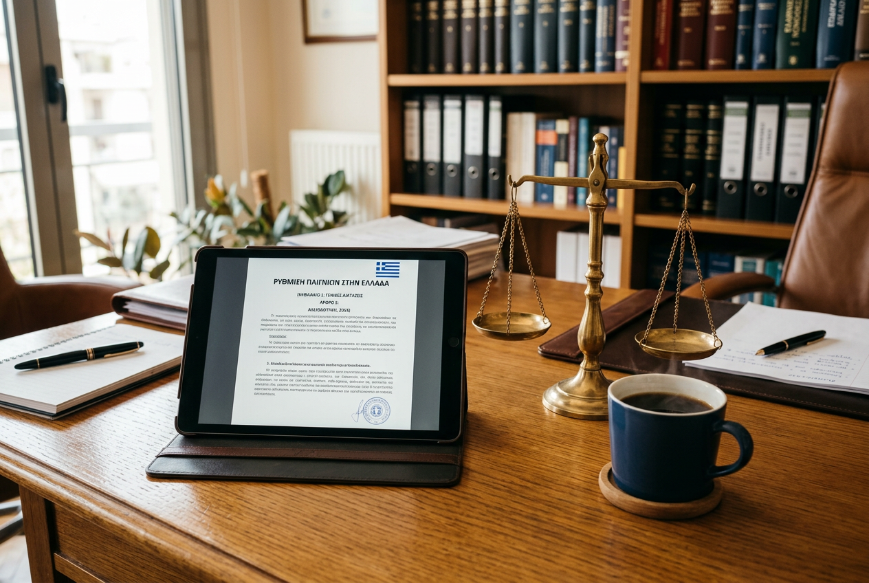 A balanced scale and a digital tablet showing legal documents, representing safe gaming regulation in Greece.