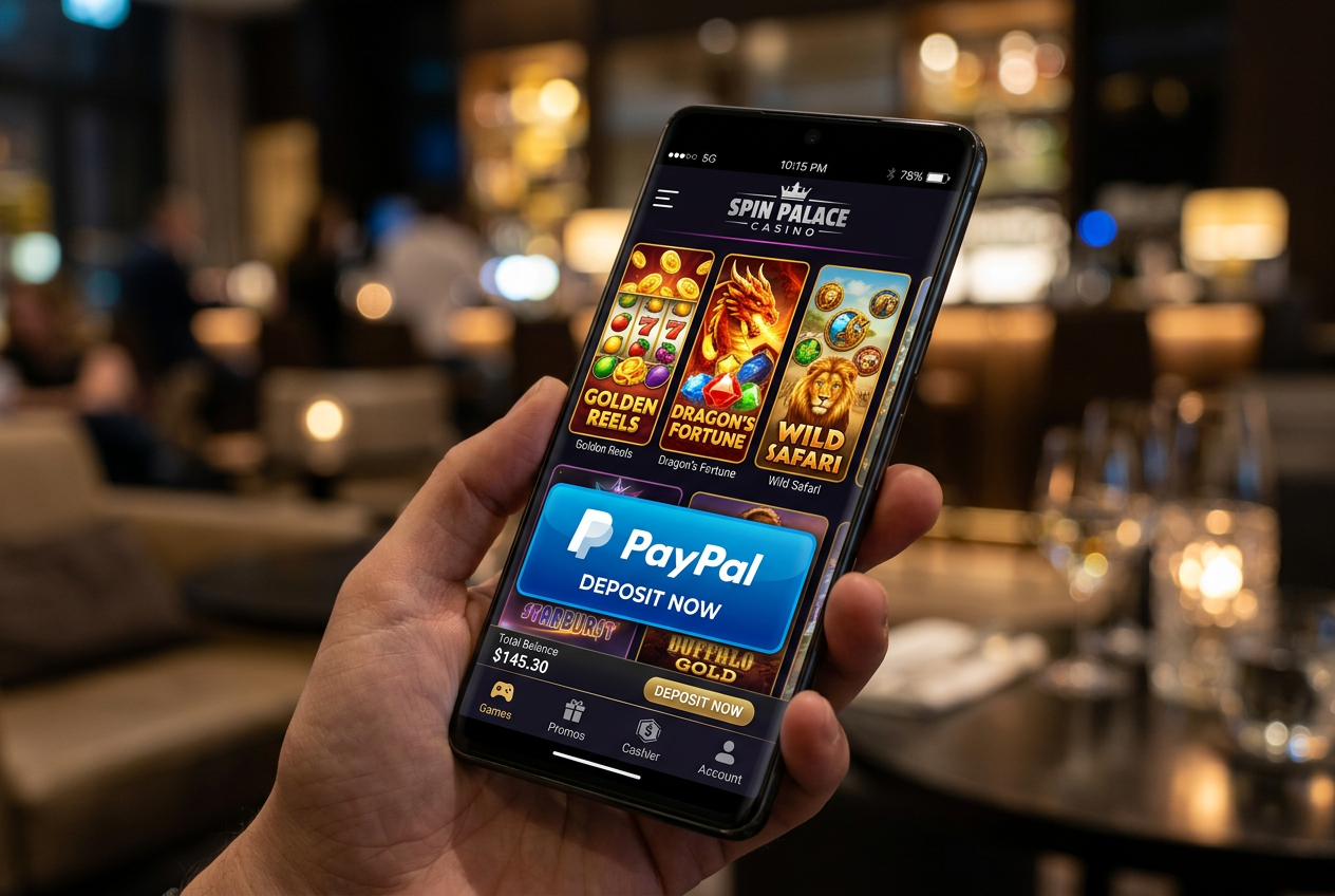 A high-quality smartphone displaying a premium online casino interface with a prominent PayPal deposit button.